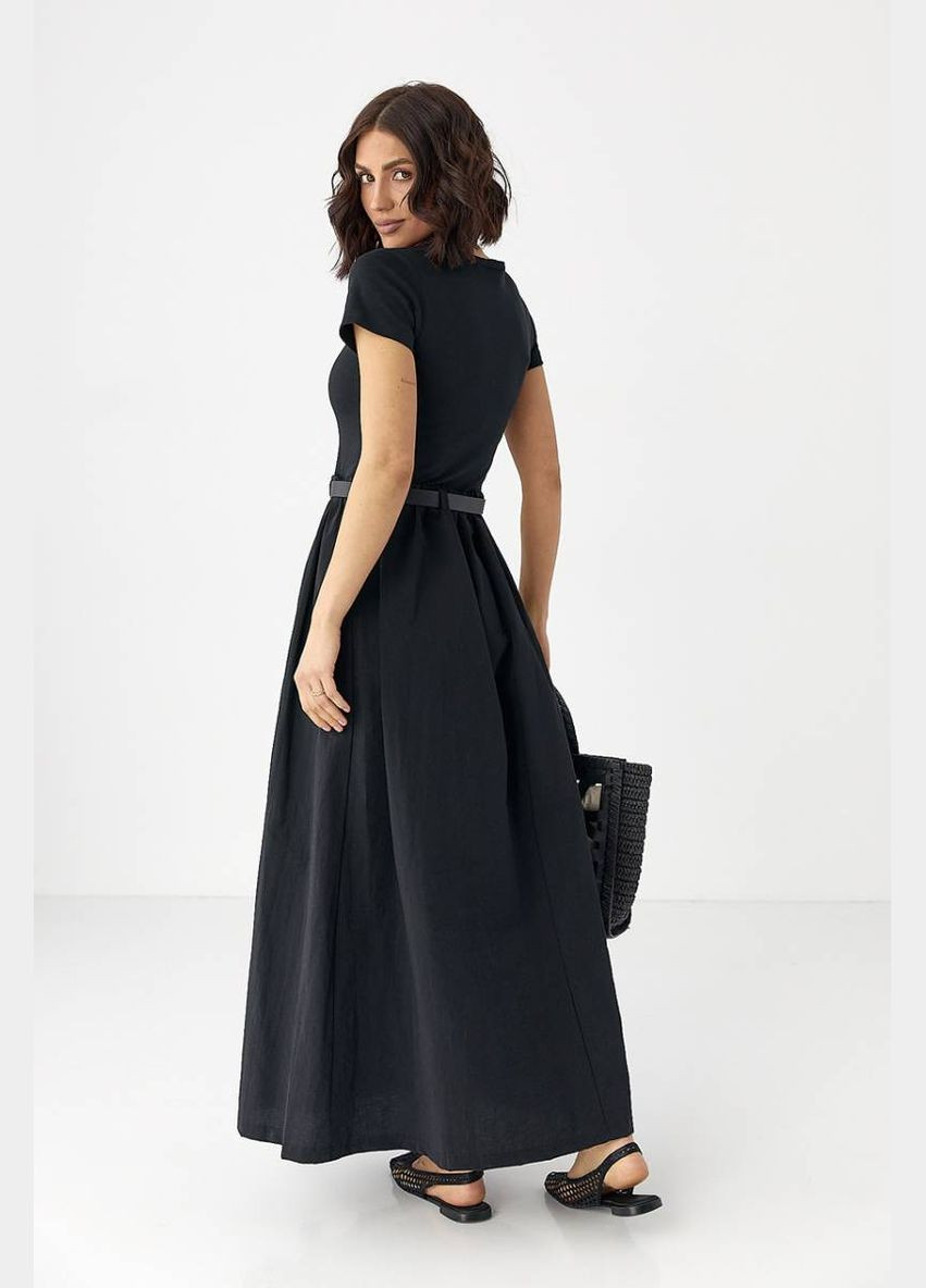 Черное женское длинное платье с поясом Lurex
