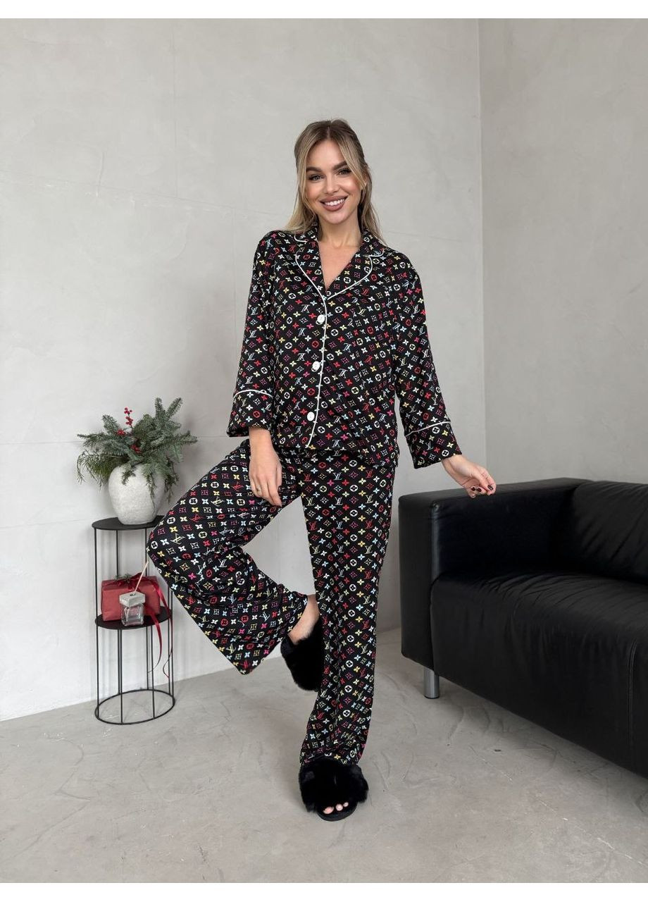 Черная всесезон пижама рубашка + брюки No Brand