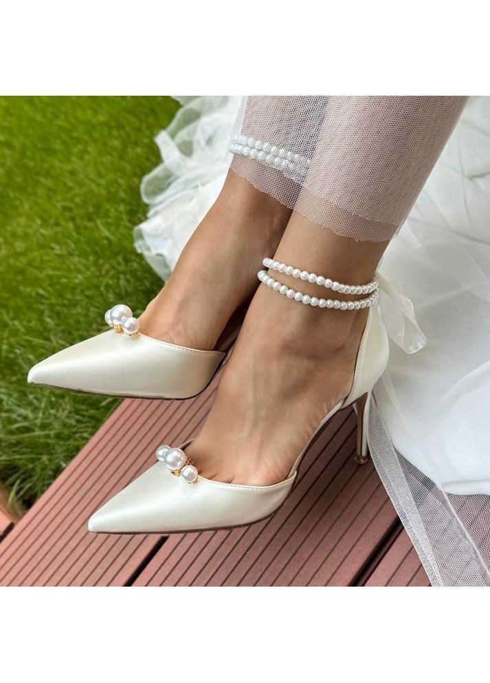 No Brand Жіночі туфлі весільні атласні та ремінцем перли та брошкою 5,5 см білий з текстиль, — (351394408)