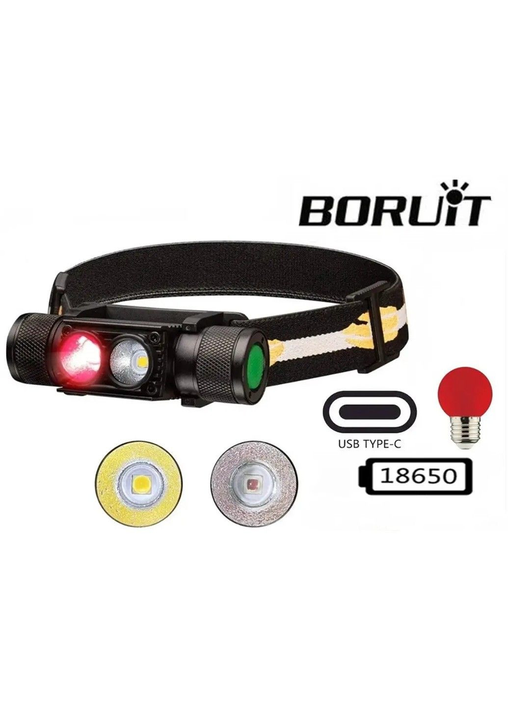 Налобный фонарь Boruit H02B-Red (белый + красный свет) с аккумулятором 3000мАч No Brand (331639961)