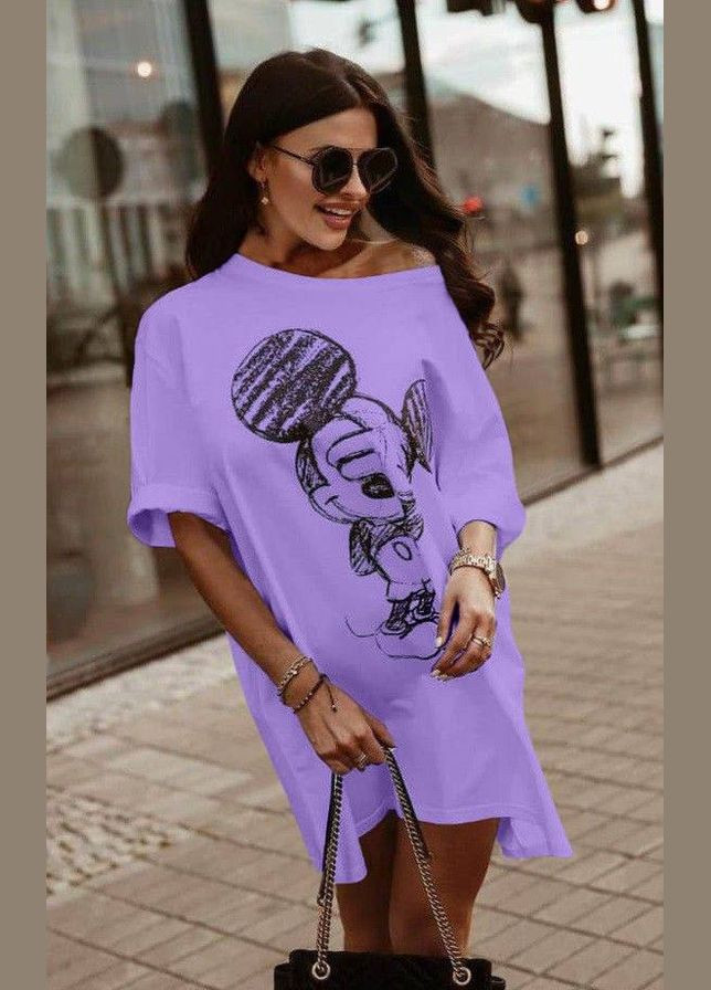 Лавандовое платье-туника оверсайз с качественным накатом. Україна с рисунком