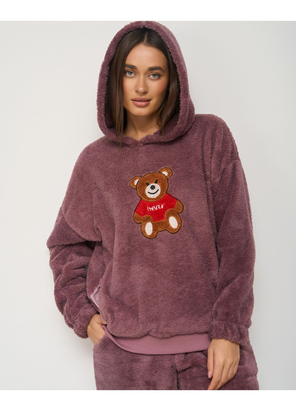 Фіолетова всесезон піжама жіноча тепла з капюшоном велюрсофт ведмедик кофта + брюки Nicoletta