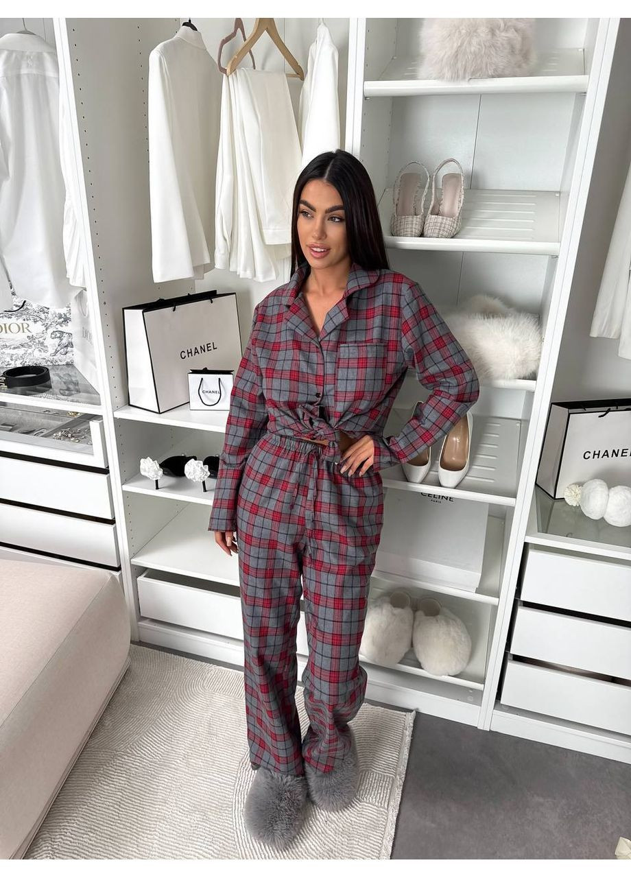 Сіро-червона всесезон жіноча піжама в клітинку сорочка + брюки FINO Mode