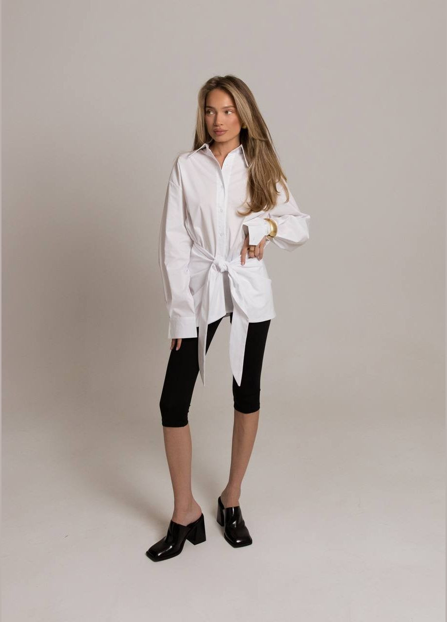 Коттонова біла сорочка з поясом, базова сорочка вільного крою No Brand 1219-2 (330613768)