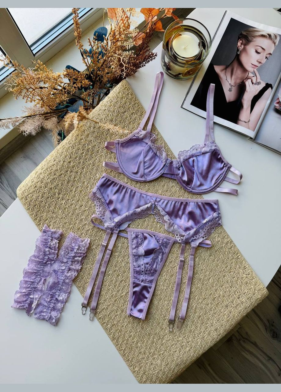 Бузковий демісезонний спокусливий комплект з мереживними вставками No Brand