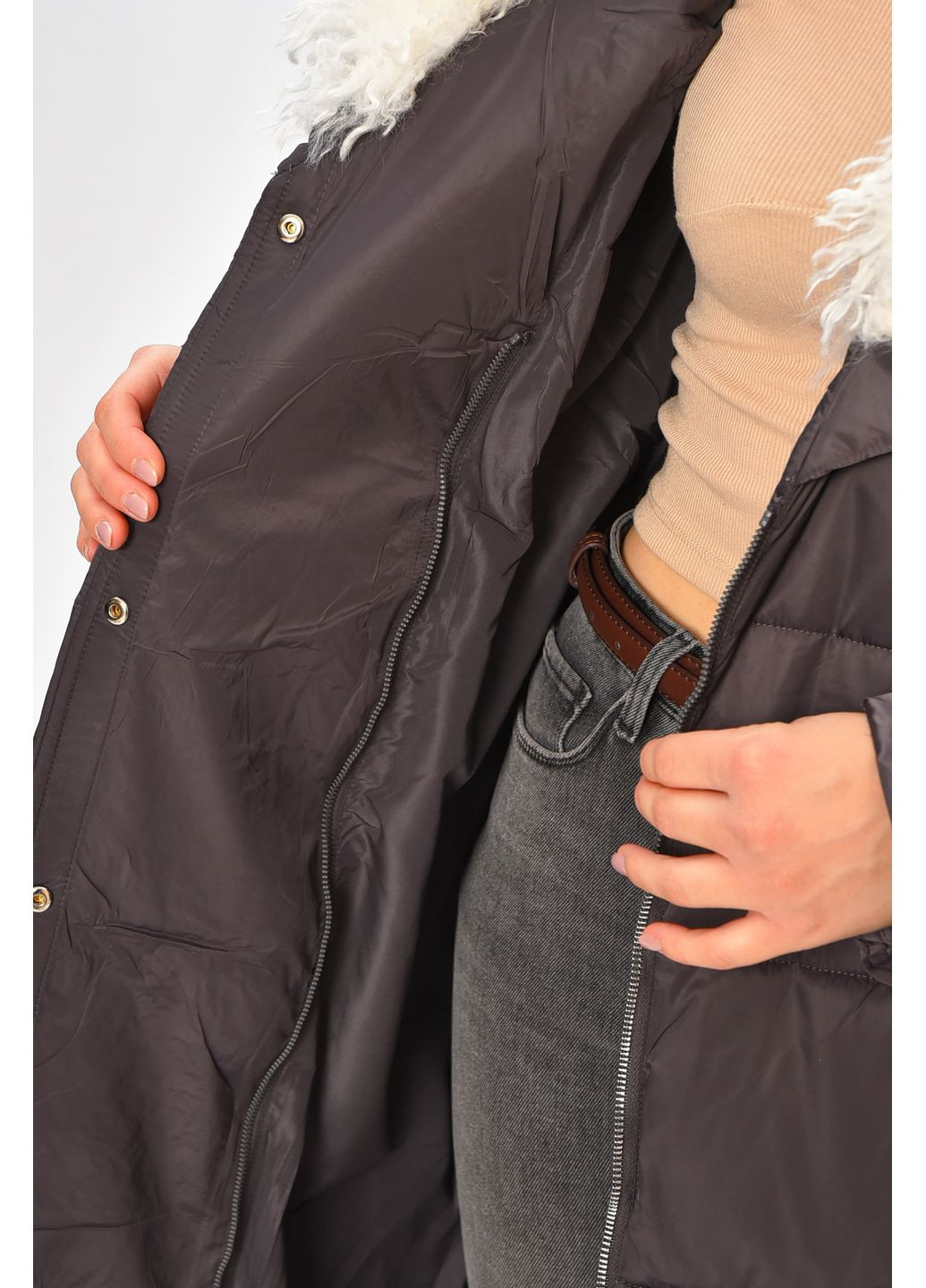 Темно-серая зимняя куртка женская удлиненная зимняя тёмно-серого цвета Let's Shop