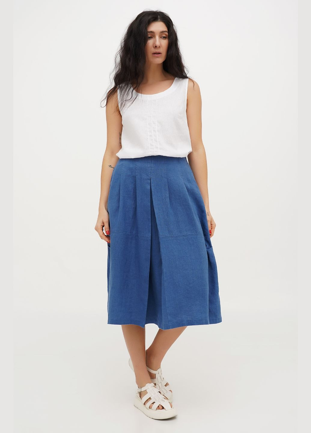 Синяя свободная льняная миди юбка бохо на молнии и с карманами малага. белый, р.44, код 7437/44/101 ГАЛЕРЕЯ ЛЬОНУ