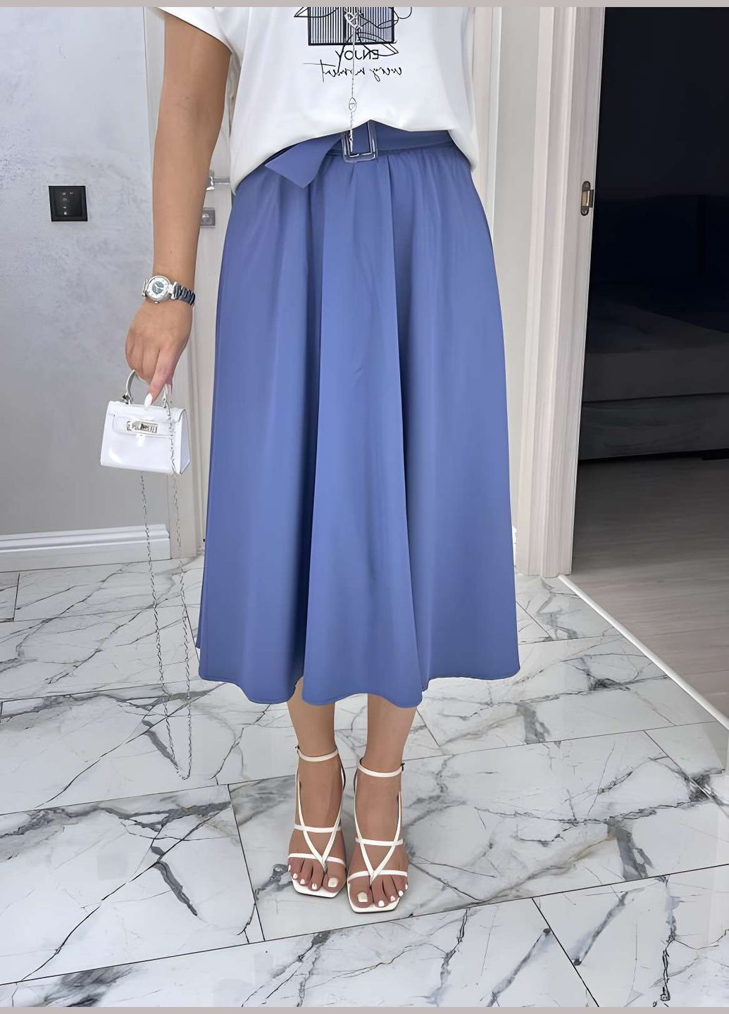 Синяя офисная, повседневная, кэжуал однотонная юбка + пояс женская длинная меди 42-56 графит (темно-серый) No Brand