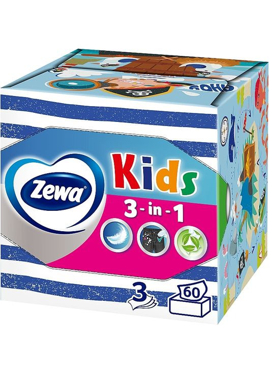 Серветки косметичні тришарові "Kids", пірати, 60шт Kids 3D Box 60шт (1443750-27075584) Zewa (368637673)