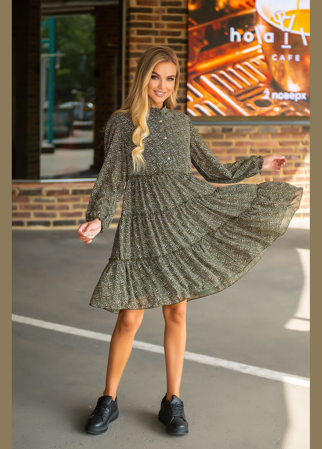 Оливкова (хакі) повсякденний трикотажна сукня а-силует No Brand з квітковим принтом