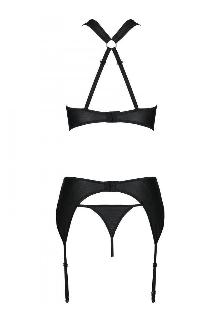 Чорний демісезонний сіткчастий набір: бюстгальтер з халтером, трусики і пояс для панянок amanda set black s/m - Passion