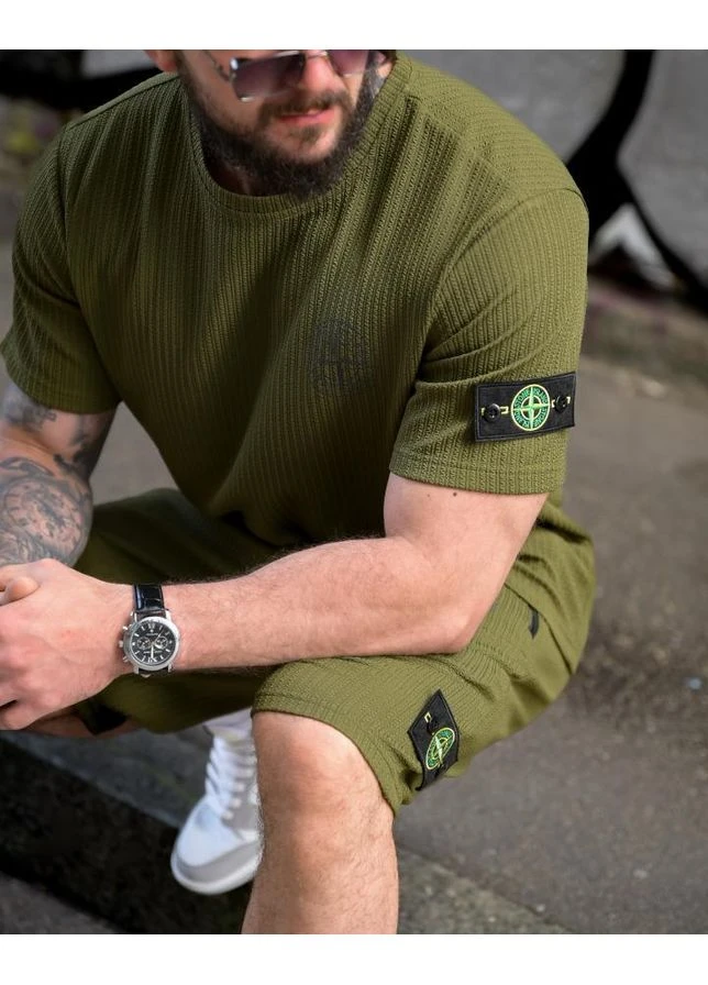 Літній комплект Stone Island WOOV зелений жатий трикотаж футболка та шорти No Brand (393159572)