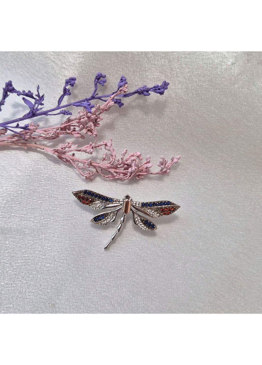 Серебряная Брошка Стрекоза с Разноцветными камнями серебро 925 пробы Родированное золото 375 048стр Nobrand (370438606)
