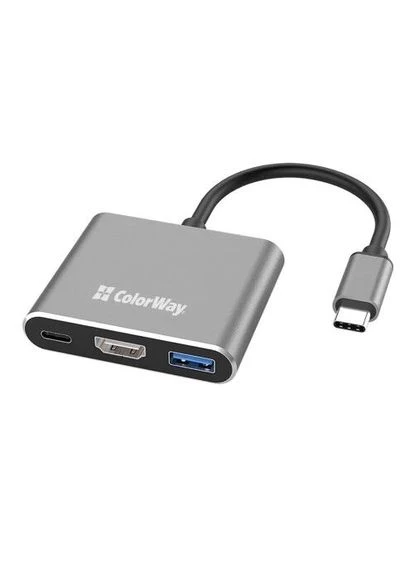 Хаб USB "3-in-1", Grey, Type-C 3.0 - 1xType-C 3.0 (100 Вт) / 1xUSB 3.0 / HDMI 4K, кабель 17 см, алюмінієвий корпус (CW-HUB08) Colorway (395343354)