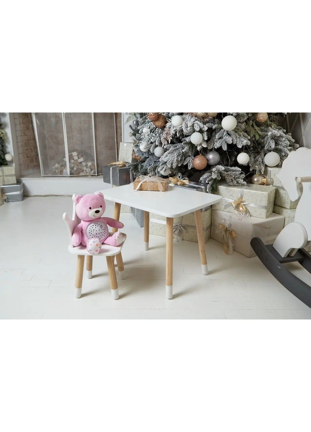Дитячий прямокутний столик (Білий) та стільчик Зайчик (Рожевий) No Brand (331639728)