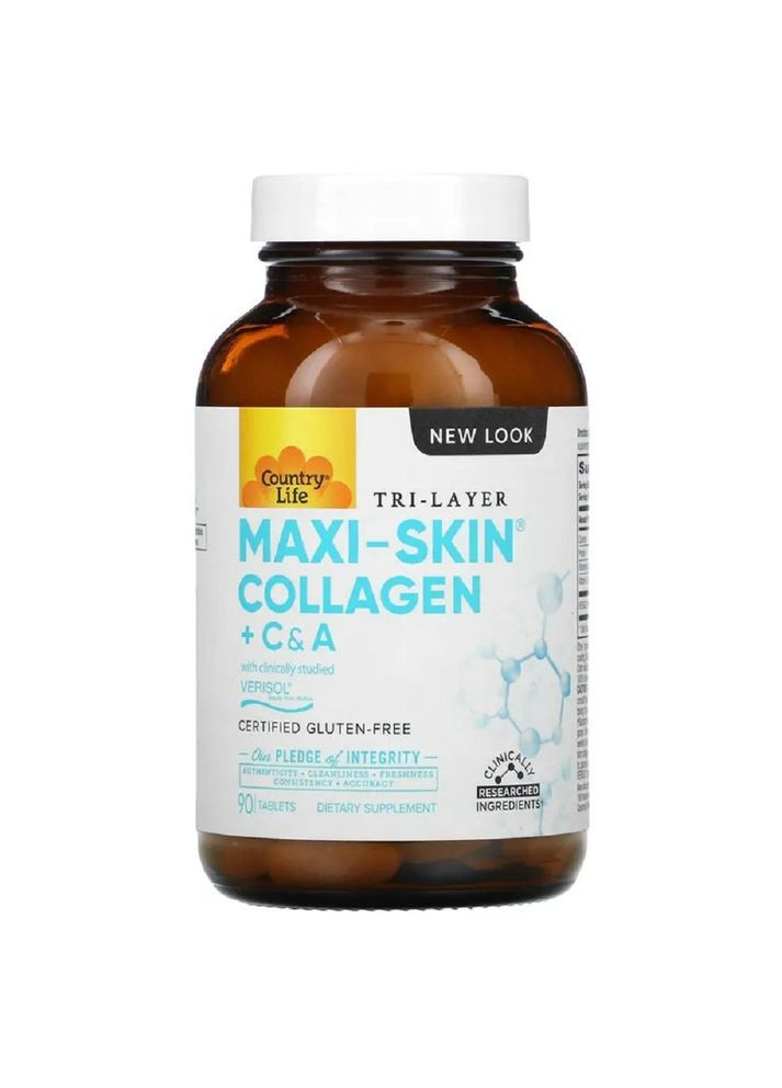 Коллаген + Витамины С&А, Maxi Skin,, 90 таблеток Country Life (326054175)