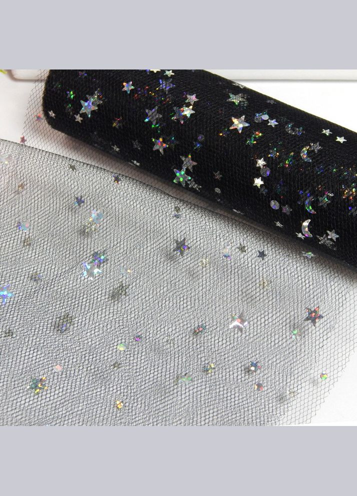 Фатин з блиском, сітчаста стрічка, 15 см, зірочки голограма, чорний No Brand (340483223)
