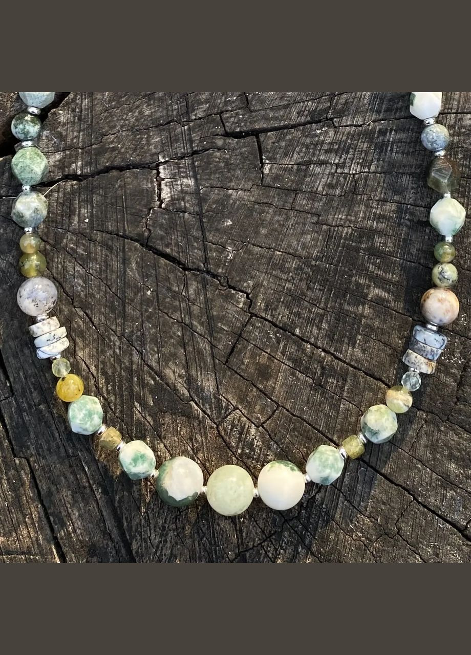 Комплект Чокер+Браслет натуральный Моховый Агат, Пренит, Опал дендрит фур-ра гип-ный сплав цвет серебро No Brand Чокер + браслет (316091292)