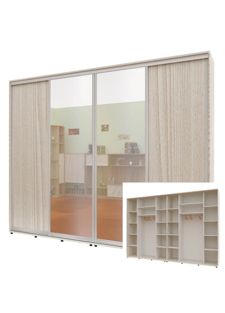 Шкаф-купе четырехдверный Комфорт Мебель 300*60*240 см Дуб Беленый ДСП + Зеркало + Зеркало + ДСП Макси Комфорт Меблі (360474460)