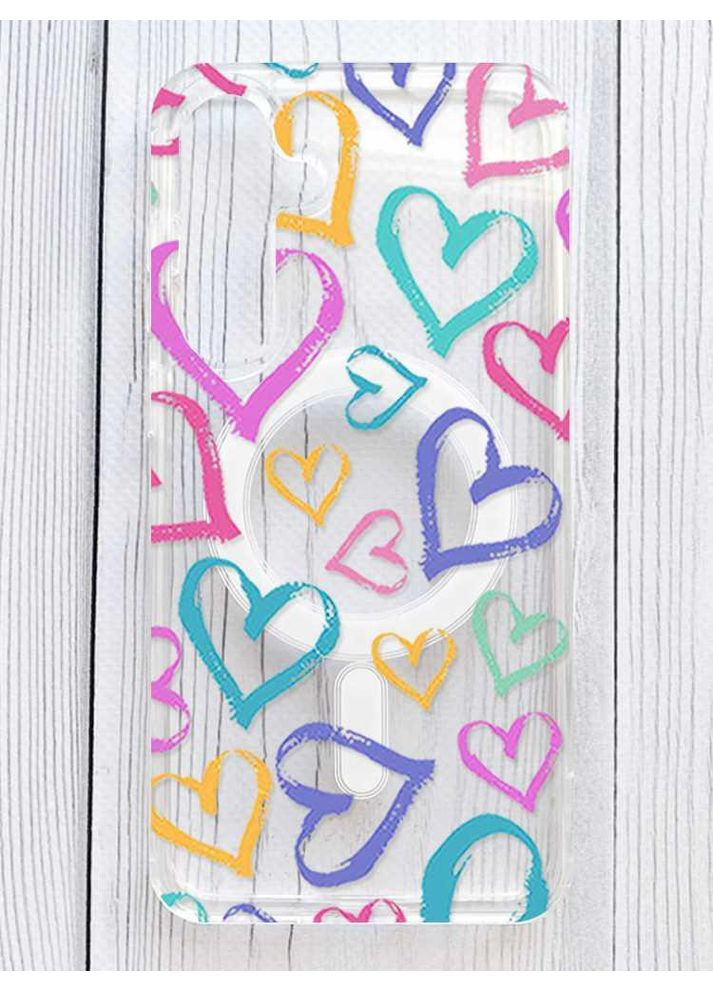 Магнитный чехол на Samsung Galaxy S24 Plus с поддержкой MagSafe Разноцветные сердечка (принт 332) Silicone Case (356122502)