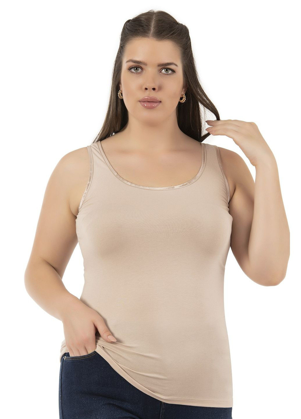 Женская майка Plus Size с каёмкой по горловине Ozkan — 333829059