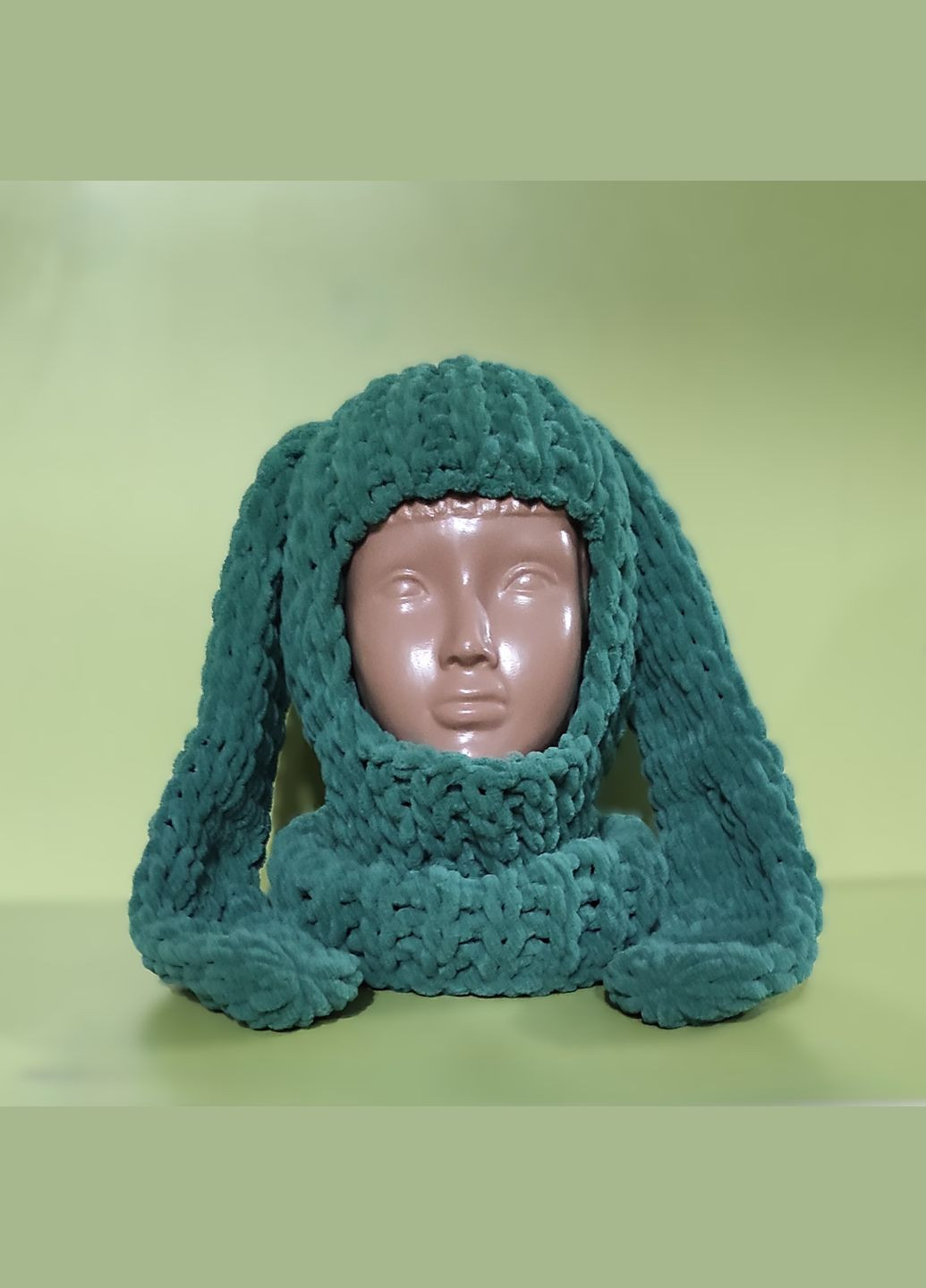 Handmade балаклава 532 плюшева з вушками зайчик puffy fine однотонний зелений повсякденний, святковий, карнавальний виробництво - Україна