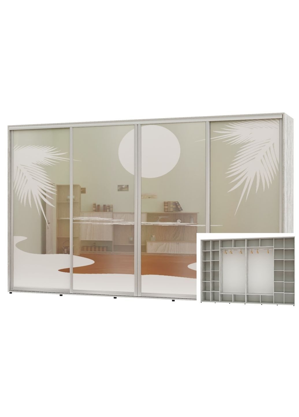 Шкаф-купе четырехдверный 410*60*250 Сосна Натти Зеркало с пескоструйным рисунком Алекса (360458859)