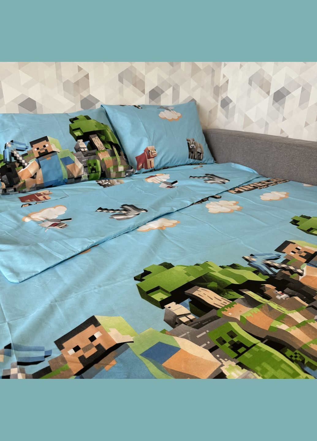 Дитяча постільна білизна полуторна блакитна з зеленим Minecraft Бязь Голд 617680 Ananasko (366959183)