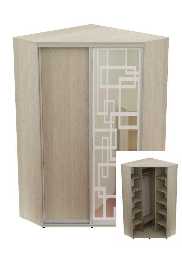 Шафа-купе дводверна кутова 100*100*220 Дуб Шамони світлий ДСП/Дзеркало з піскострумним малюнком Угол-1 Алекса (360454617)