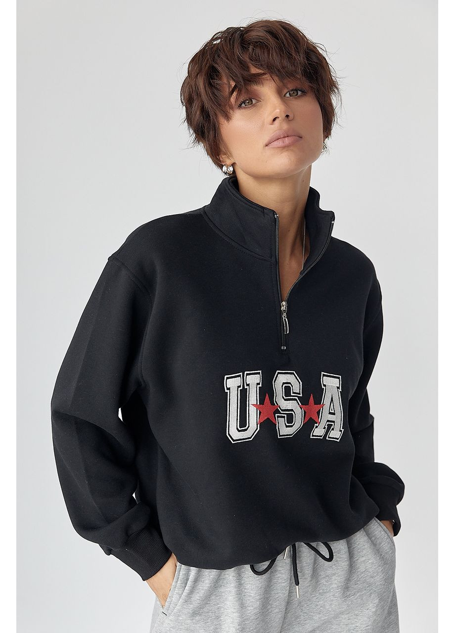 Черный теплый свитшот с молнией на воротнике Lurex (366241617)