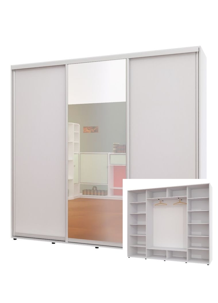 Шкаф-купе трехдверный 250*45*230 см Белый 3 двери ДСП + Зеркало + ДСП ШК-05 Алекса (360453514)