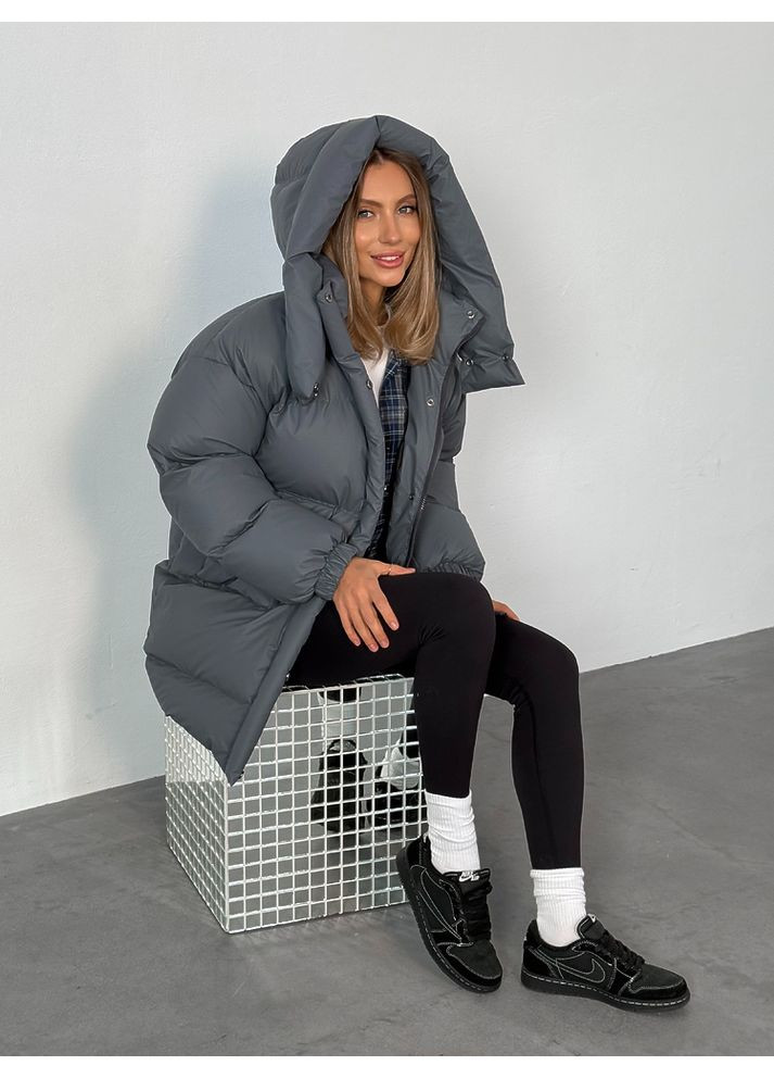 Графітова зимня жіноча куртка пуфер beze long з кишенями і знімним капюшоном (mil591) milirud