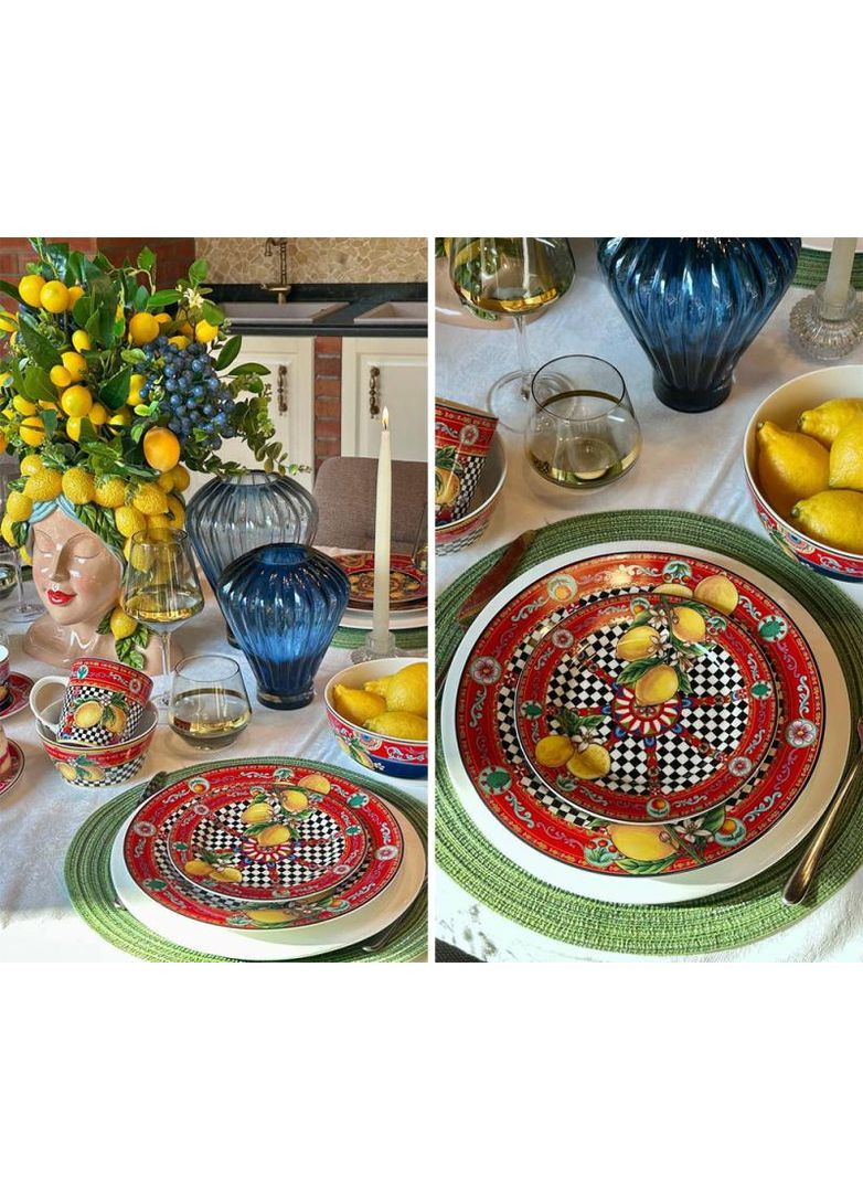 Чашка с блюдцем Sicilia Limoni фарфоровая 220мл для сервировки чая и кофе в подарочной коробке Bona (368987283)