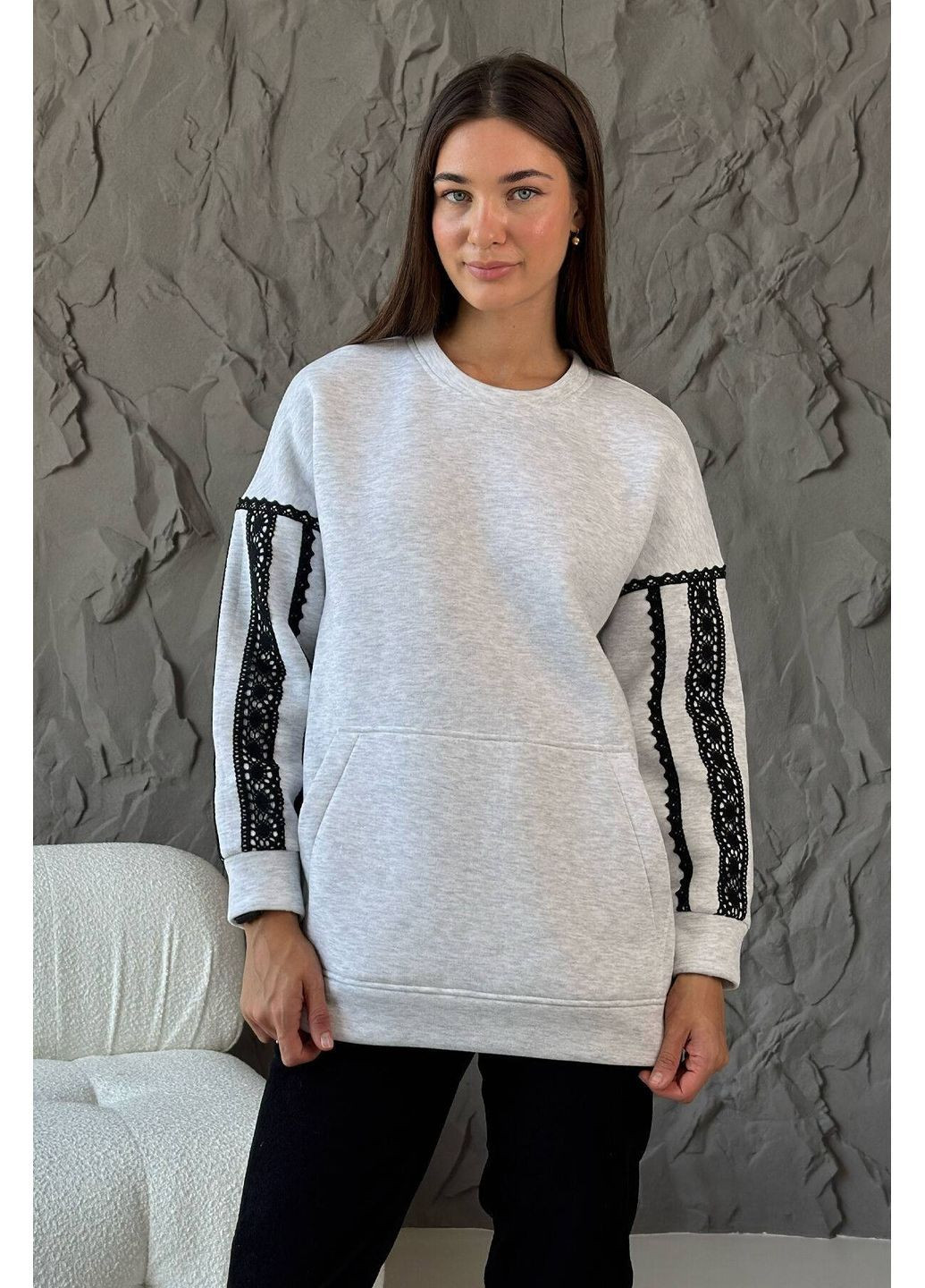 Сірий світшот на флісі з мереживом, колір сірий Nenka (367831776)