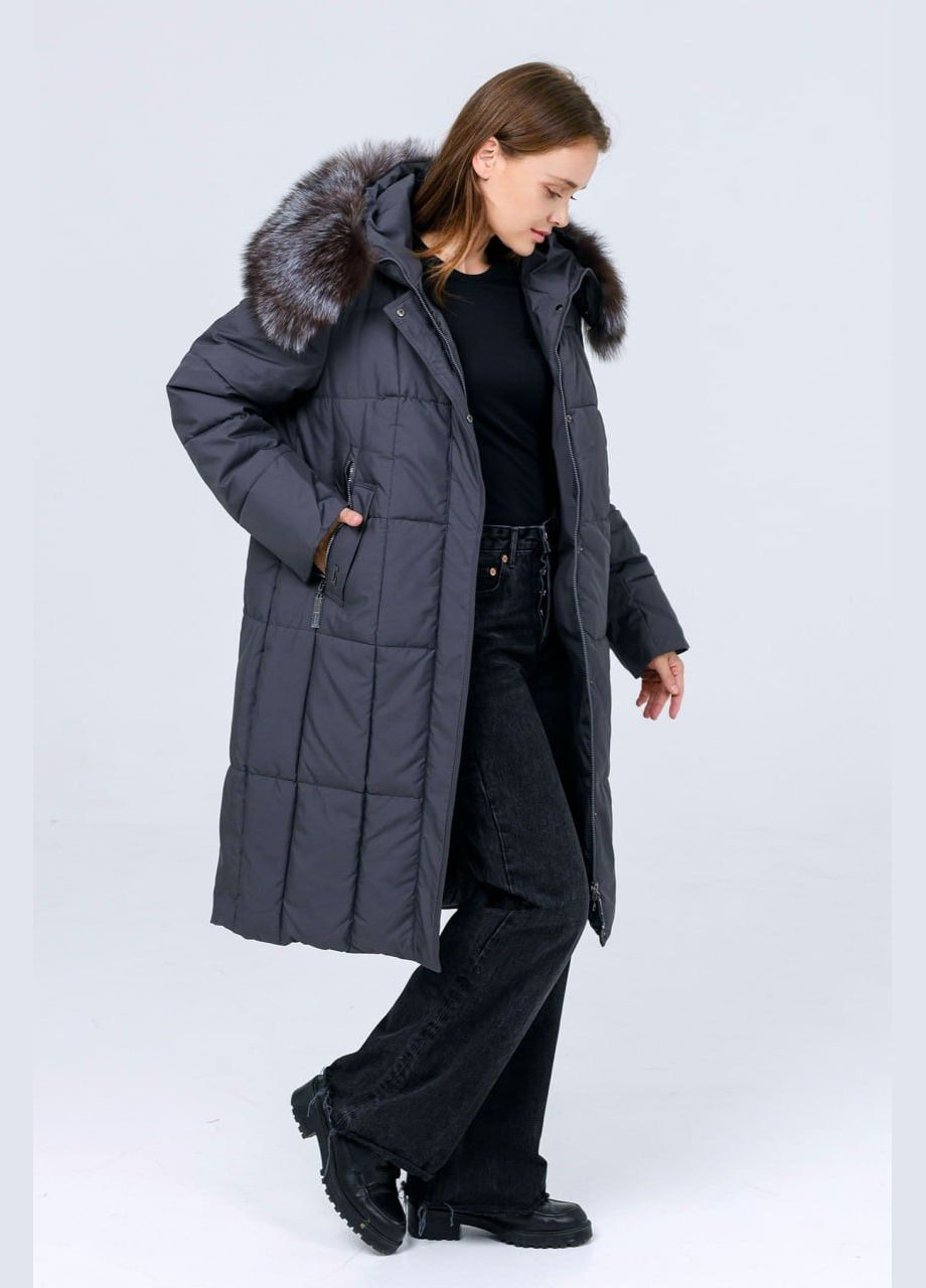 Темно-серая зимняя пуховик с натуральным мехом Lora