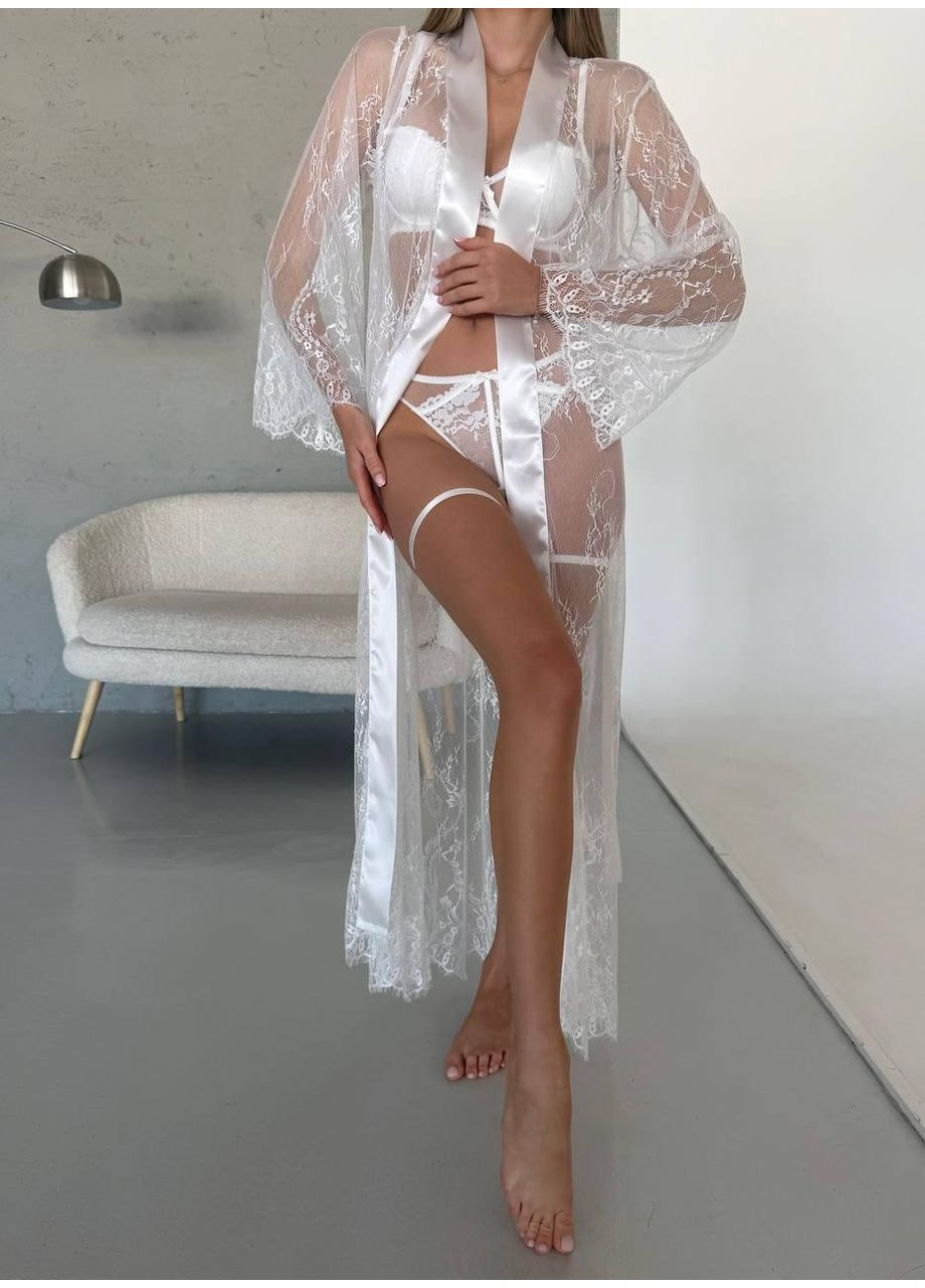 Халат прозрачный кружевной, длинный рукав, атласный пояс / Белый шифоновый халат с кружевом, легкий, макси длин No Brand (366571581)