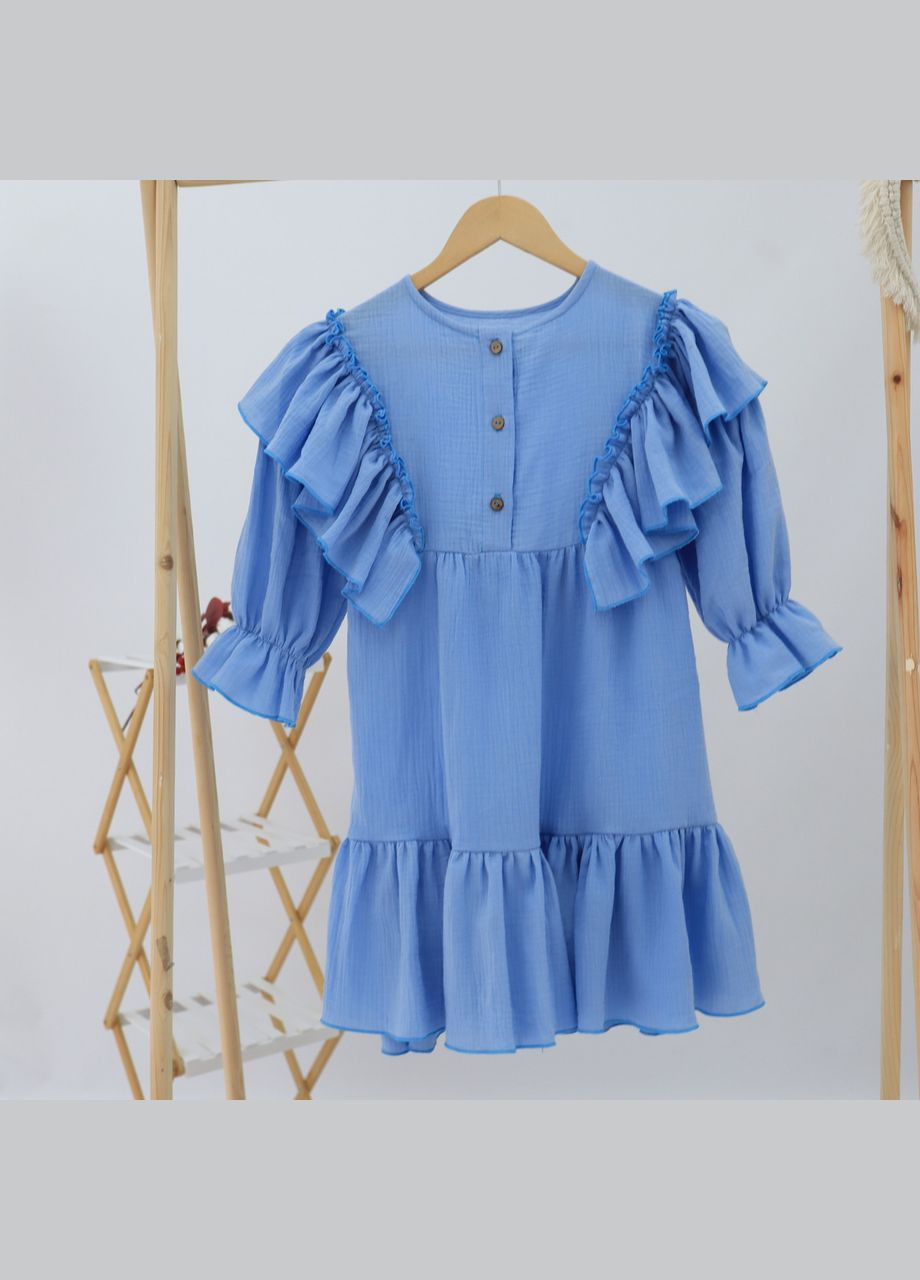 Голубое детское длинное голубое платье с рюшами "кристи" из муслина для девочки No Brand (336211239)