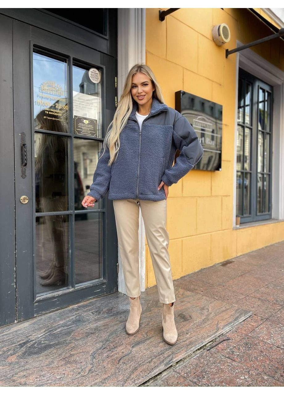 Синя демісезонна жіноча куртка з еко меху тедді та плащівки — заміри в описі куртка-пальто Vione