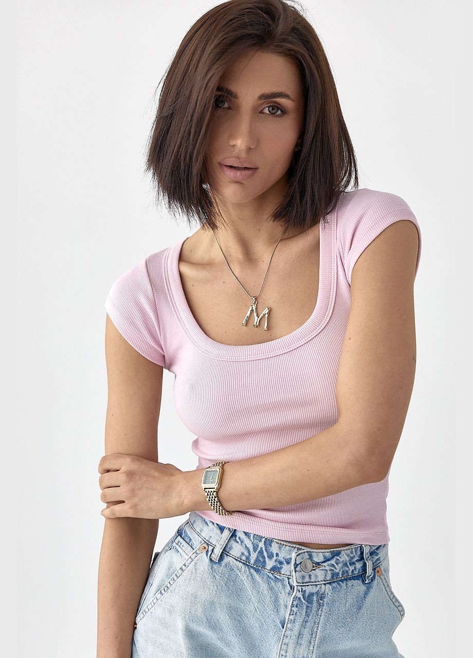 Однотонна футболка у рубчик - блакитний колір Lurex - (330988728)