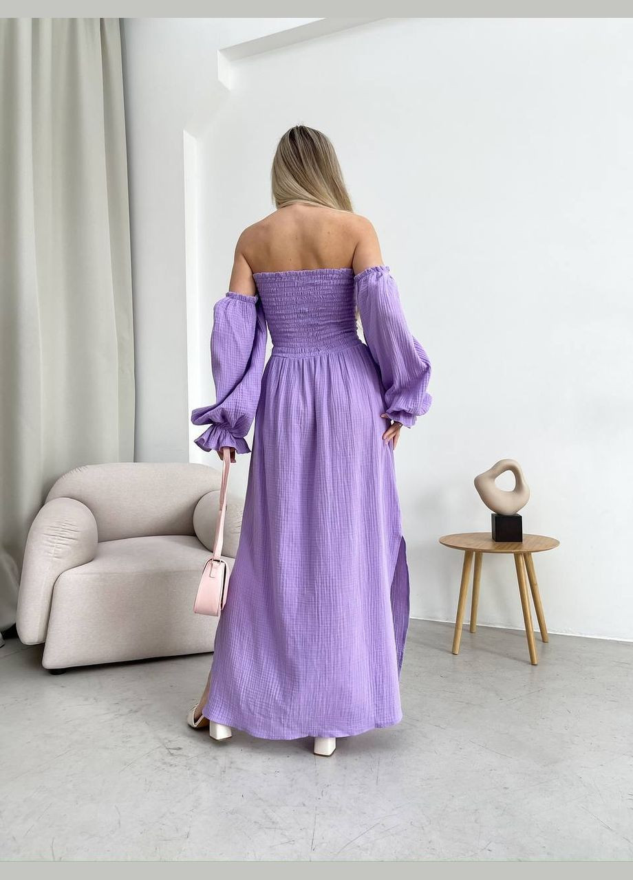 Сиреневое повседневный, вечернее женское платье макси с разрезом с открытыми плечами Україна однотонное