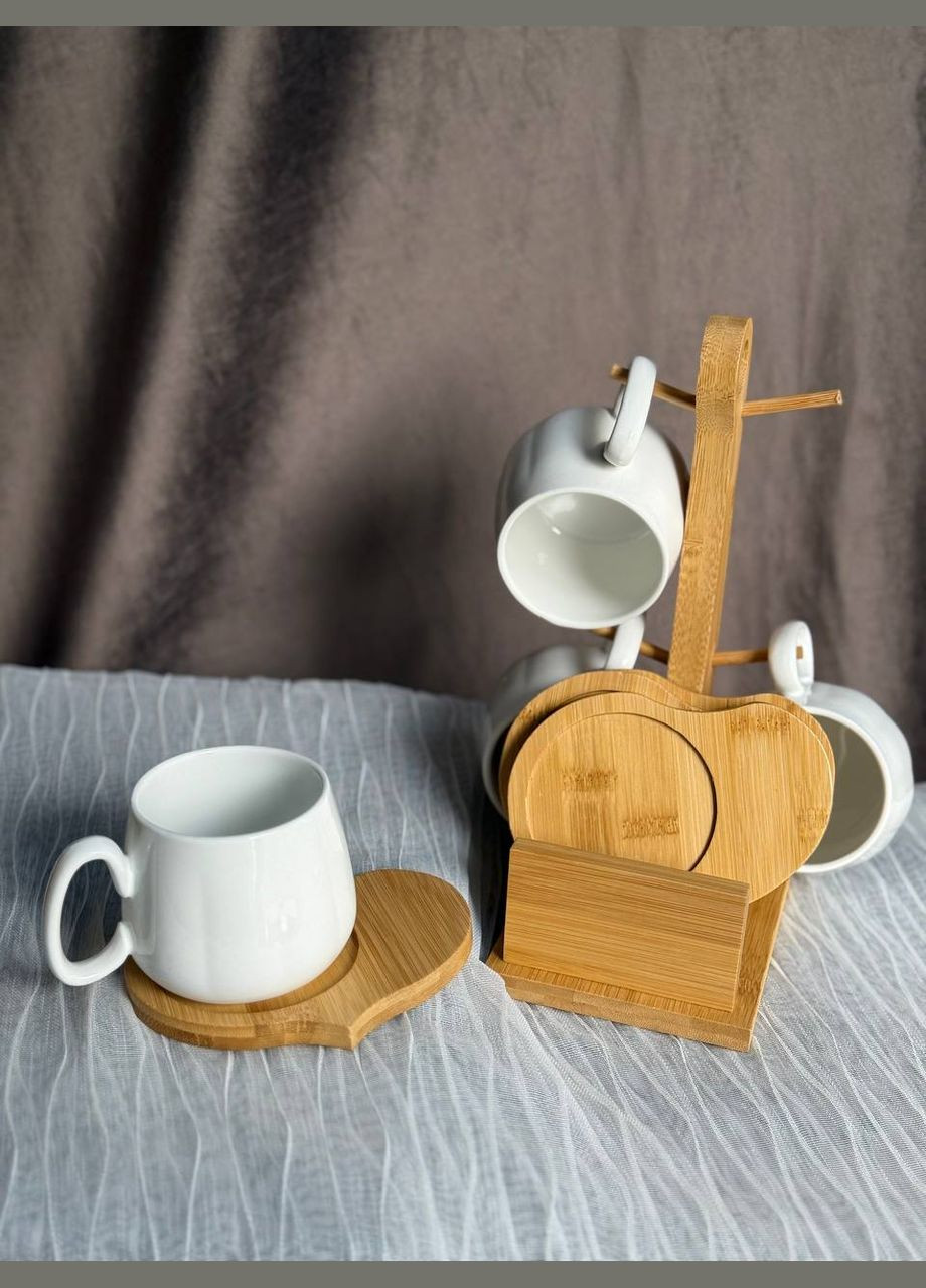 Набір кружок Тандем керамічних на бамбуковій підставці 4 шт 170 мл 25 см Білий 125-81-9184-003 ELISEY (331613538)