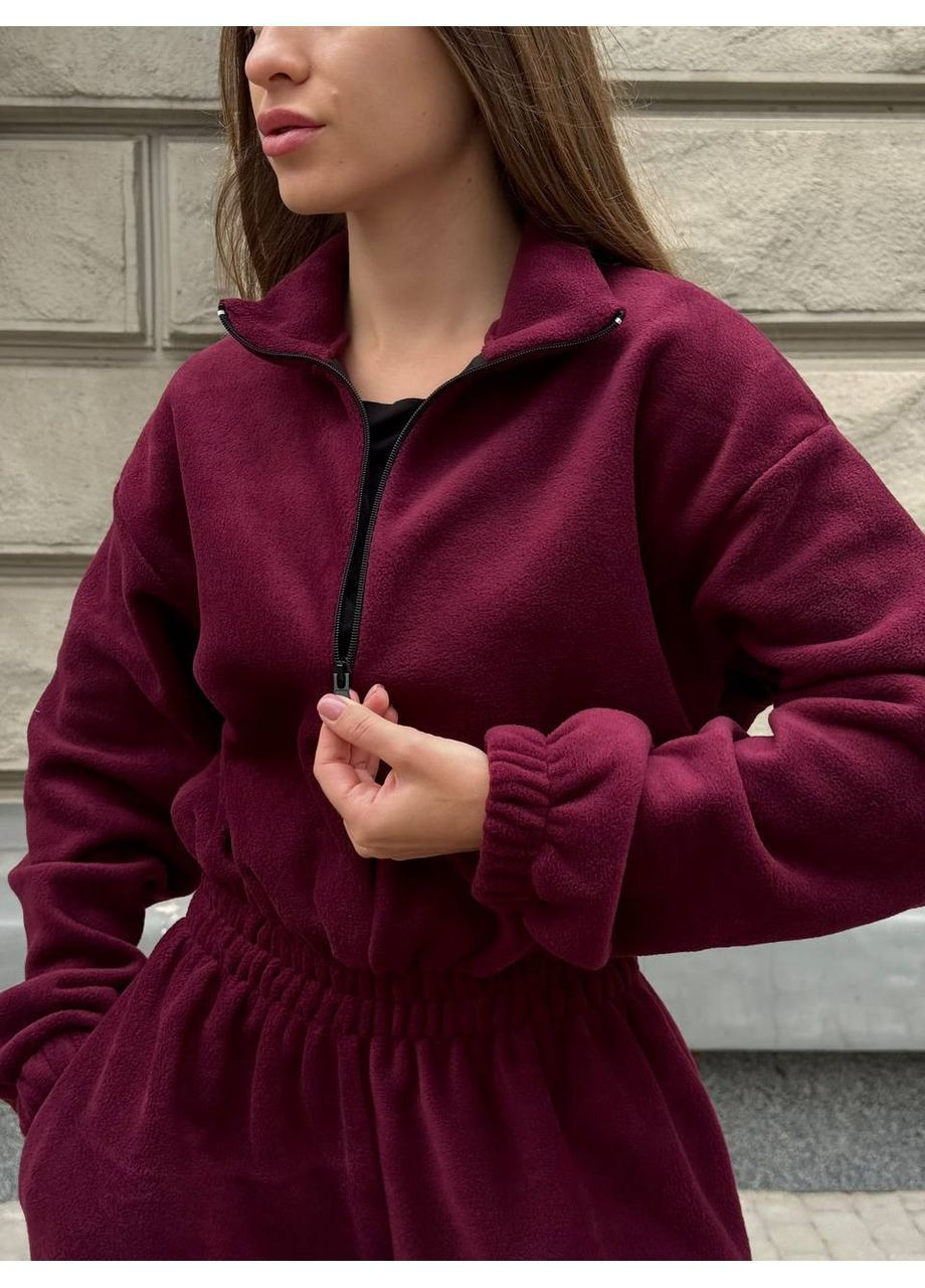 Женский флисовый комбинезон оверсайз с воротником-стойкой и молнией. MonCher комбинезон-брюки бордовый спортивный флис