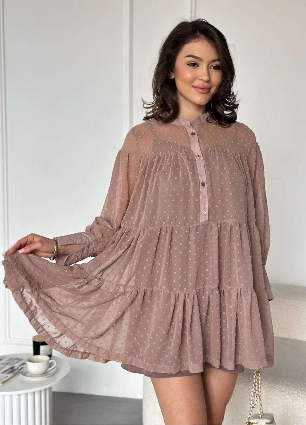 Кавова повсякденний сукня міні з двох частин: нижня сукня-майка та верхня об'ємна Tik-Tak однотонна