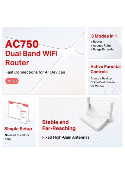 Маршрутизатор MR20 AC750, 2xFE LAN, 1xFE WAN Mercusys (315029732)