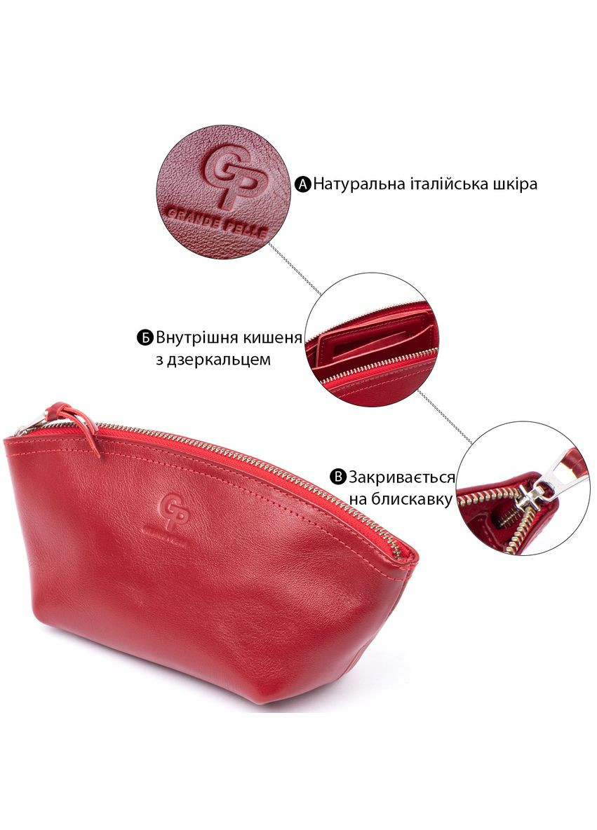 Жіноча косметичка з натуральної шкіри із дзеркалом на блискавці червона (sku_11303) No Brand (330012858)
