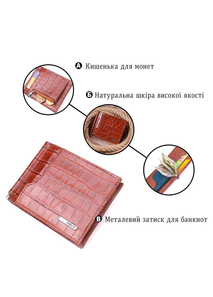 Чоловічий шкіряний затискач для грошей з монетницею і тисненням під рудий крокодила (sku_21418) No Brand (327819731)