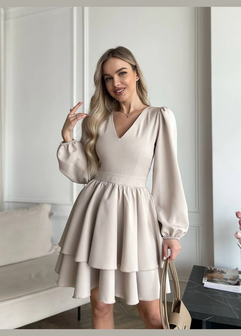 Бежева класична сукня міні з подвійною спідницею Fashion