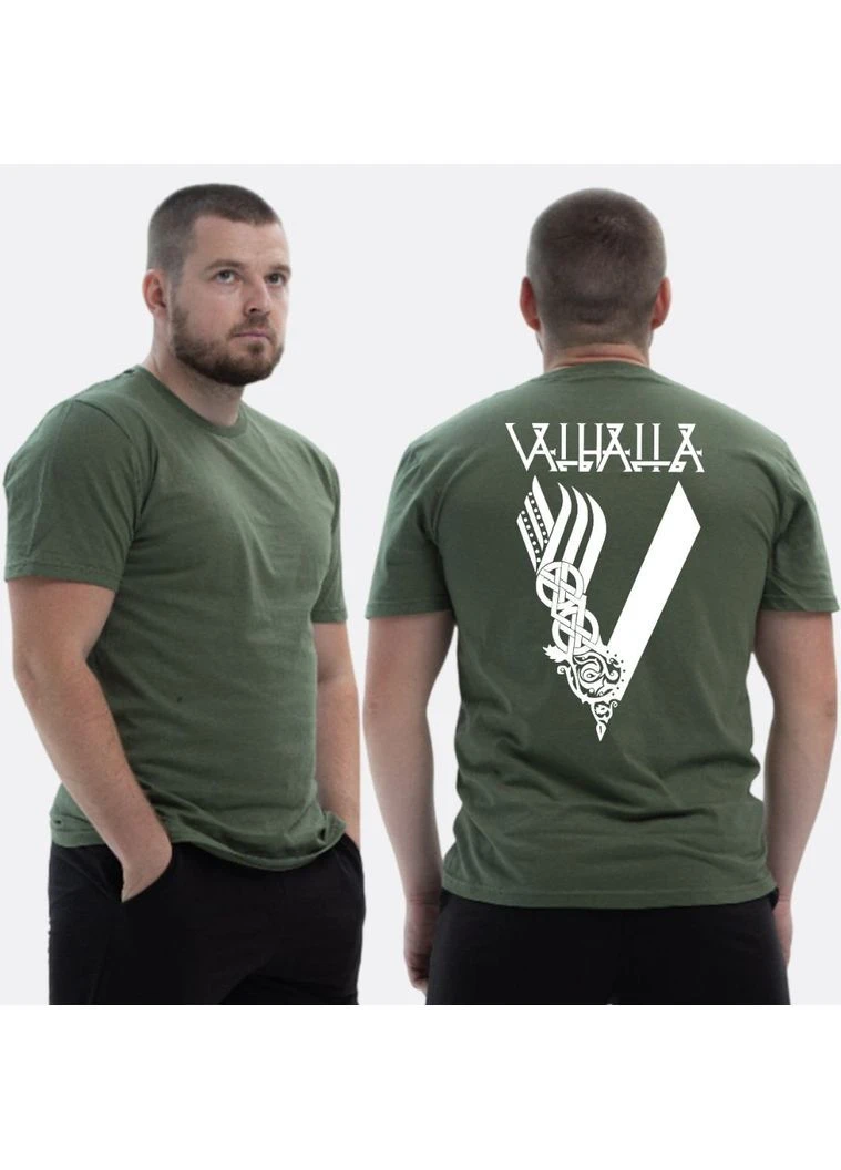 Хаки (оливковая) мужская классическая футболка с принтом v valhalla вальгалла, хаки Україна