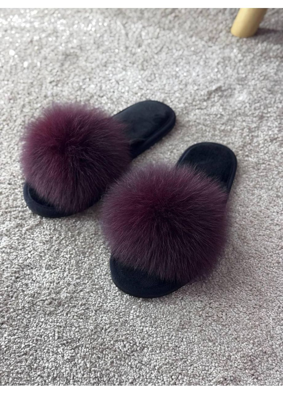 Черные тапочки женские для ламината с натуральным мехом паркетные тапочки белста тапочки с песцом шлепки с мехом чорний, 38-39 No Brand