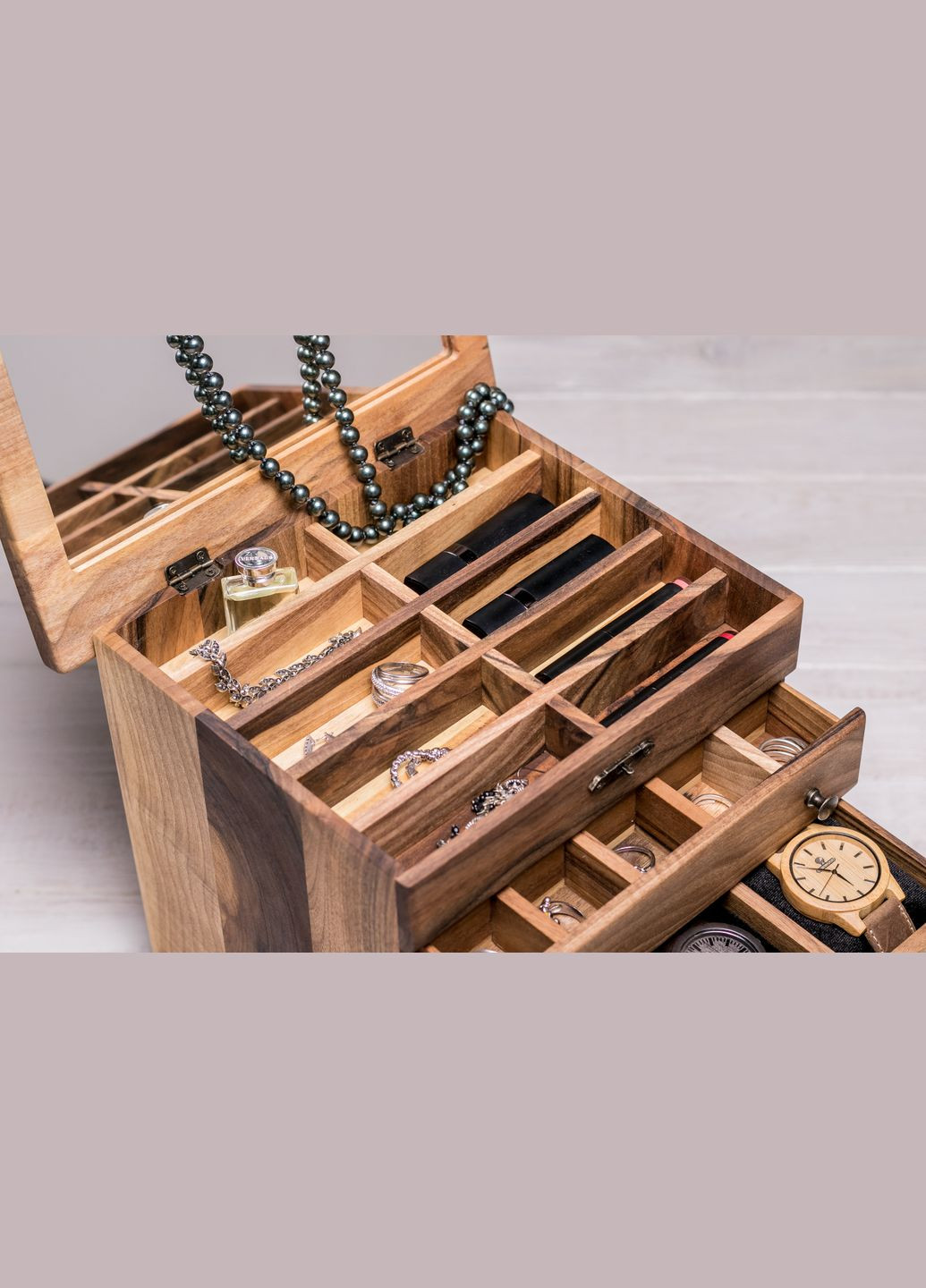 Шкатулка для украшений с деревянной крышкой и зеркалом M Органайзер для косметики EcoWalnut (295291919)